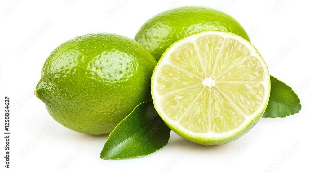 Fresh Lime Cut in Half with Slices and Leaves Isolated on White Fresh Lime Cut in Half with Slices and Leaves Isolated on White