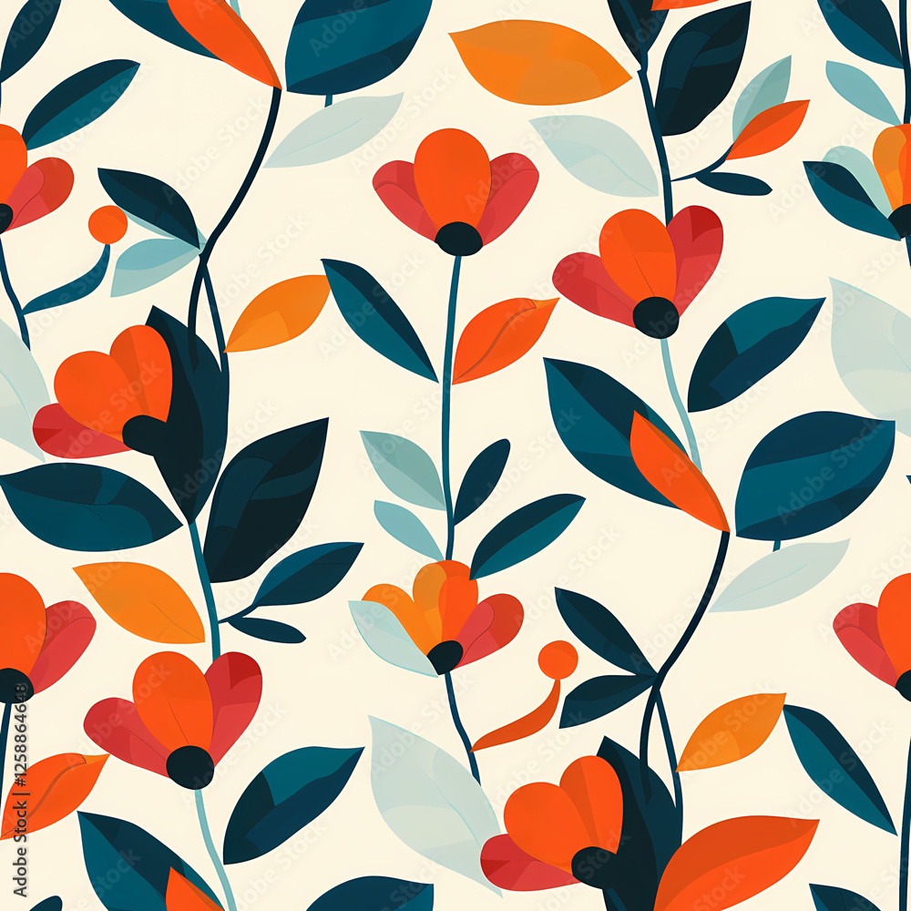 Seamless botanical pattern with vibrant orange and red flowers on a light background Seamless botanical pattern with vibrant orange and red flowers on a light background