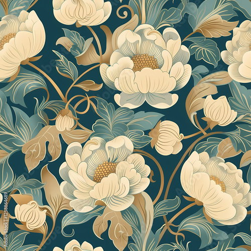 Seamless floral pattern with Art Nouveau inspiration in soft cream and gold tones