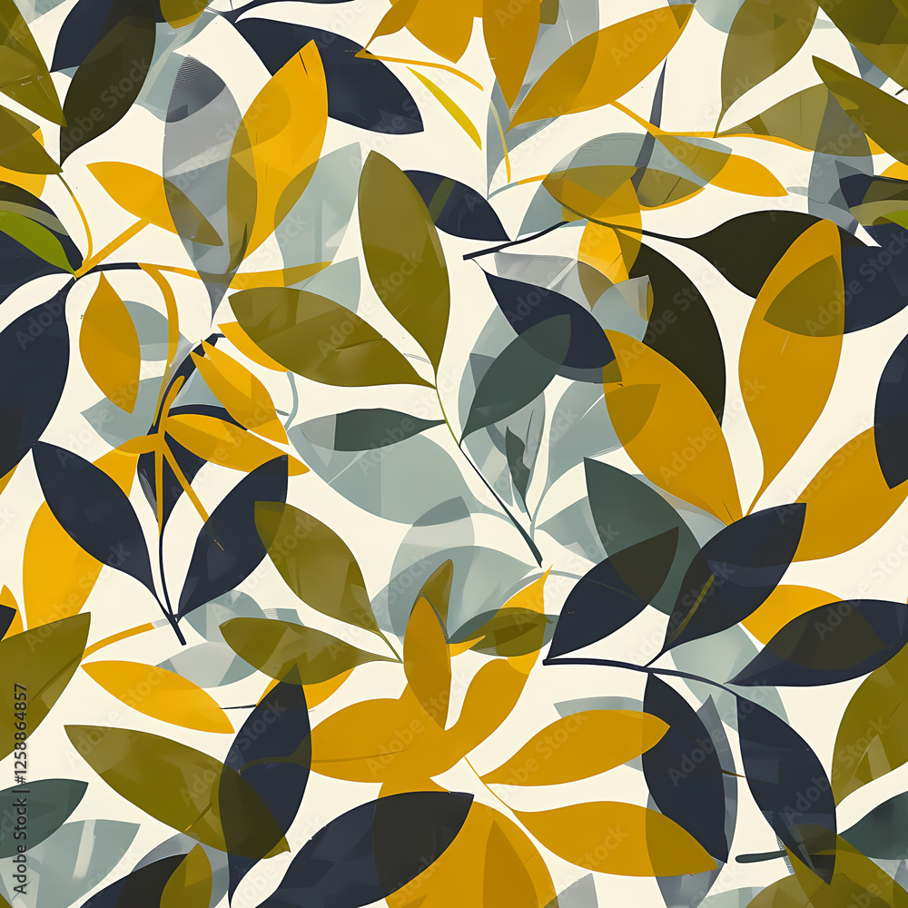 Seamless geometric botanical pattern with golden and navy blue leaves on light background Seamless geometric botanical pattern with golden and navy blue leaves on light background
