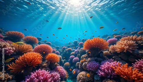 A breathtaking underwater coral reef, teeming with marine life. Brightly colored corals form an intricate maze, while exotic fish swim gracefully between them. photo