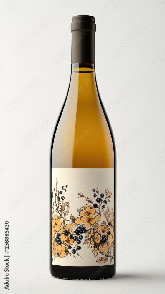 Elegant wine bottle adorned with floral and berry designs in a minimalist setting Elegant wine bottle adorned with floral and berry designs in a minimalist setting