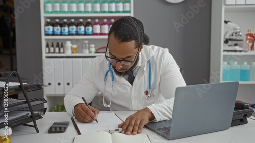Wallpaper Mural Doctor writing notes in a modern clinic, focused on paperwork with medical equipment and laptop nearby. Torontodigital.ca