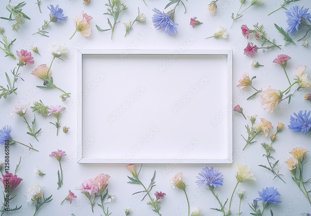 A minimalist composition featuring a white frame surrounded by a vibrant floral border creates a visually appealing and modern aesthetic A minimalist composition featuring a white frame surrounded by a vibrant floral border creates a visually appealing and modern aesthetic