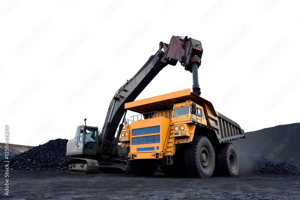 A large dump truck is positioned beside an excavator at a coal mining site. The excavator is actively loading coal into the truck. The setting is bright and industrial. A large dump truck is positioned beside an excavator at a coal mining site. The excavator is actively loading coal into the truck. The setting is bright and industrial.