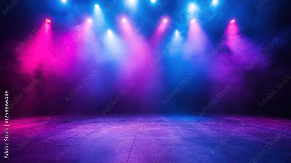 Obraz premium Neon Dark Stage Shows Empty Room with Spotlights, Neon Lights, and Dark Blue, Purple, Pink Background