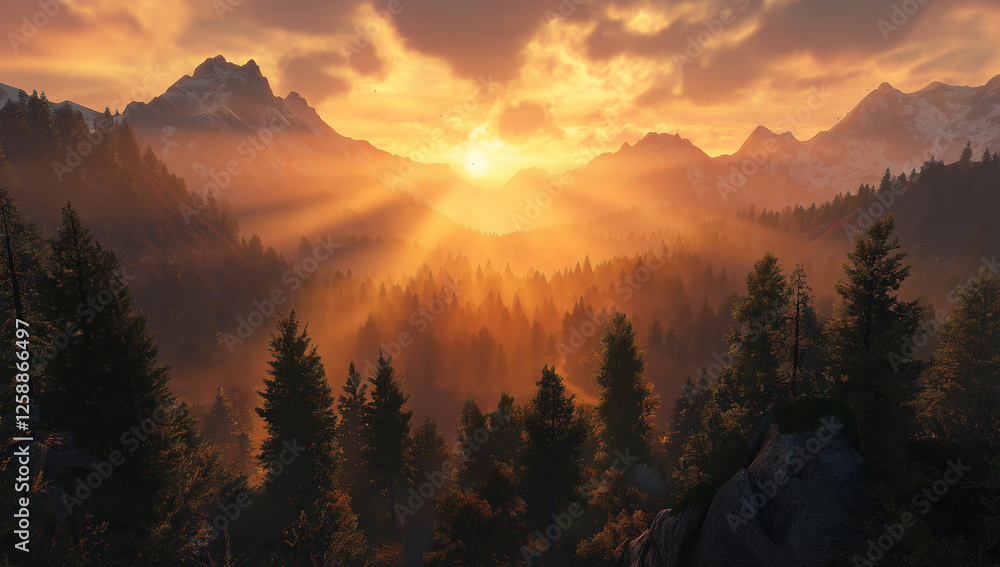 A breathtaking sunrise paints the sky in vibrant hues, casting a golden glow over the majestic mountains and dense forest below A breathtaking sunrise paints the sky in vibrant hues, casting a golden glow over the majestic mountains and dense forest below