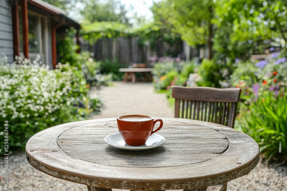 Relaxing coffee break in a serene garden setting filled with vibrant flowers and lush greenery Relaxing coffee break in a serene garden setting filled with vibrant flowers and lush greenery