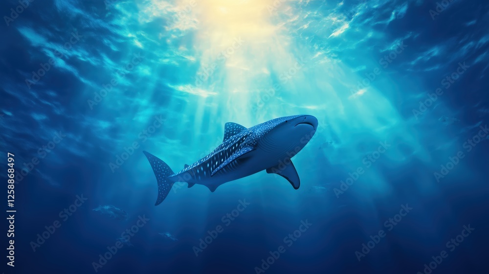 Fototapeta premium Majestic Shark Swimming Beneath Crystal Clear Ocean Surface Marine Environment Underwater Viewpoint Nature's Beauty