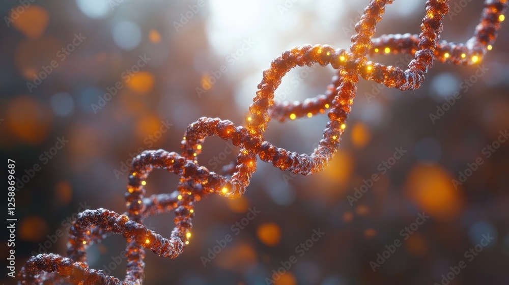 Spiral structure of DNA surrounded by glowing particles in an ethereal forest setting at twilight Spiral structure of DNA surrounded by glowing particles in an ethereal forest setting at twilight