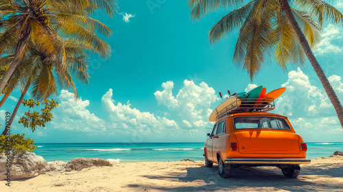 Bright orange vintage car parked on a sunny beach with surfboards under palm trees