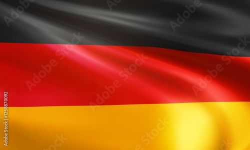 Realistic wavy national flag of the Federal Republic of Germany closeup. German patriotic background for celebrate Unity day. State flag of FRG. 3d vector illustration