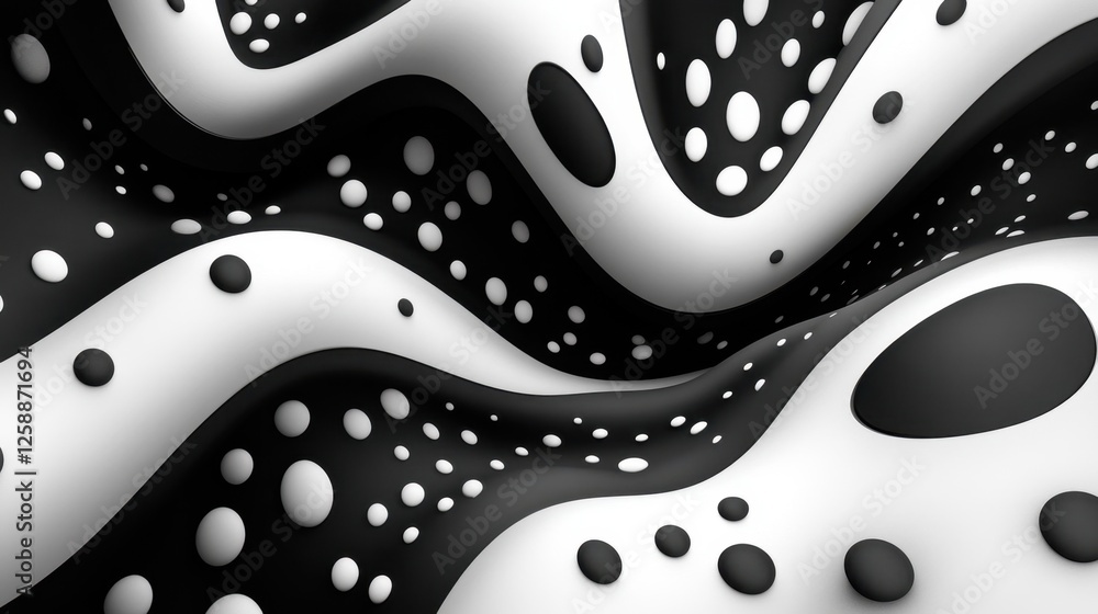 Fototapeta premium Abstract black and white wave pattern with playful dots creating an artistic visual experience