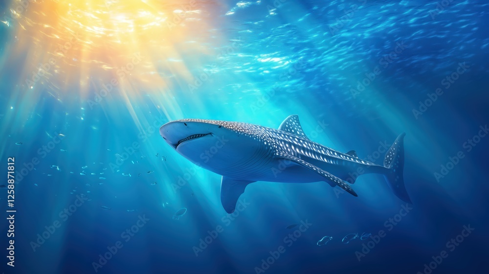 Naklejka premium Graceful Whale Shark Swimming in Sunlit Ocean Waters Underwater Scene Tranquil Marine Environment