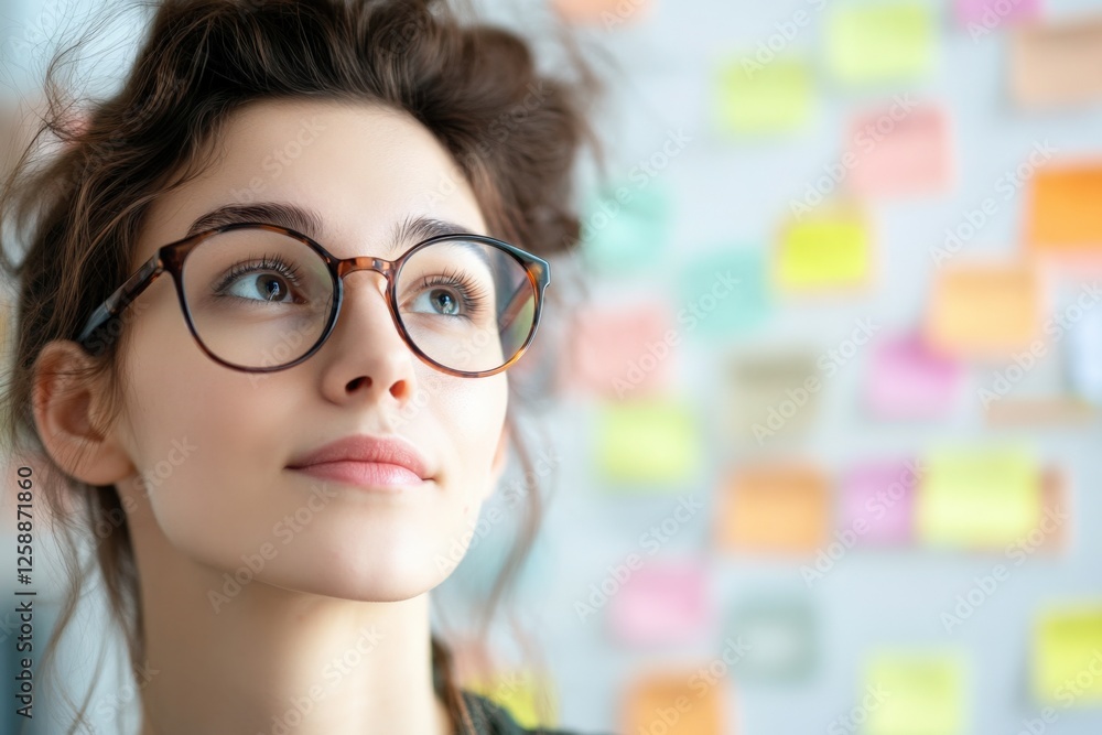 woman with Glasses Looking at Sticky Notes woman with Glasses Looking at Sticky Notes