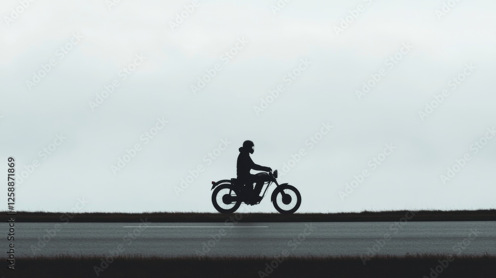Obraz premium Silhouette of motorcyclist on road, overcast day, outdoor. Suitable for travel, adventure, lifestyle, and transportation advertising