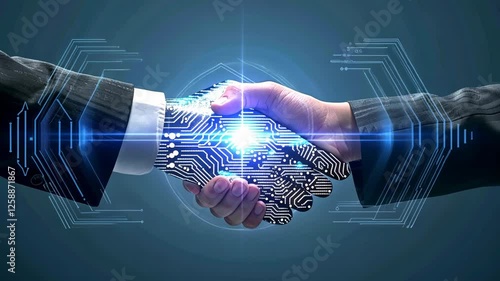 Futuristic Business Partnership Symbolizing Human-AI Collaboration with Circuit Board Design Handshake Against a Dark Background