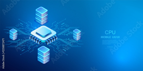 CPU isometric concept. Ai futuristic microchip processor background. Data Quantum computer. Central Computer Server Processor CPU design. Chip architecture vector.