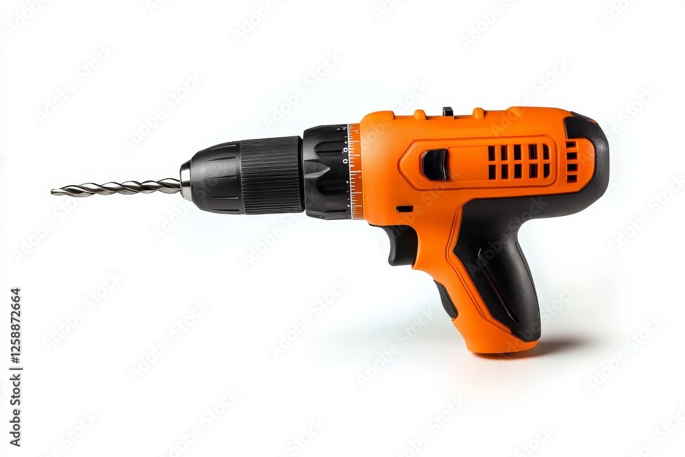 Orange cordless drill with drill bit on white background Orange cordless drill with drill bit on white background