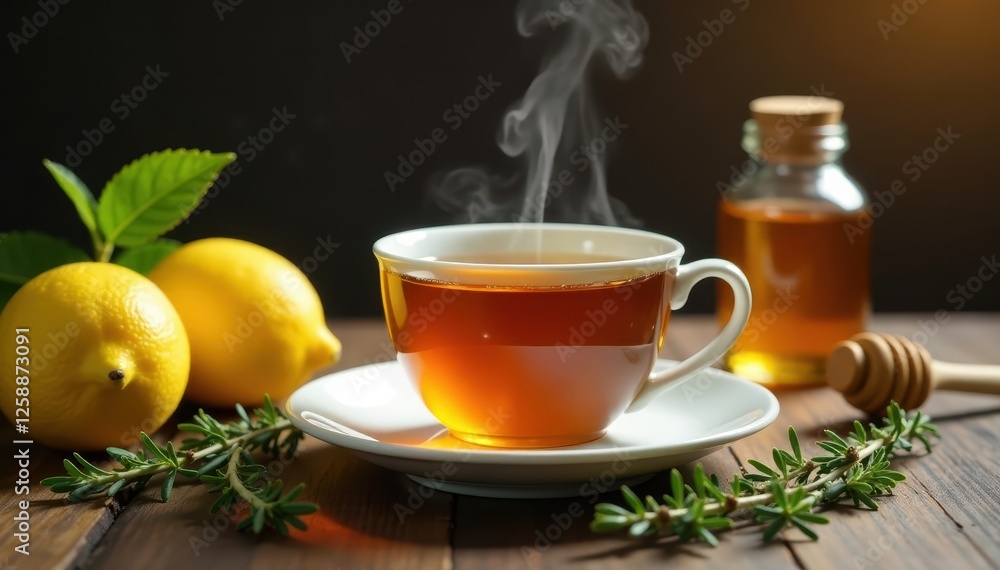 Golden tea steams, filling teacup; lemons, thyme sprigs, honey jar nearby , comfort, photo, rustic Golden tea steams, filling teacup; lemons, thyme sprigs, honey jar nearby , comfort, photo, rustic