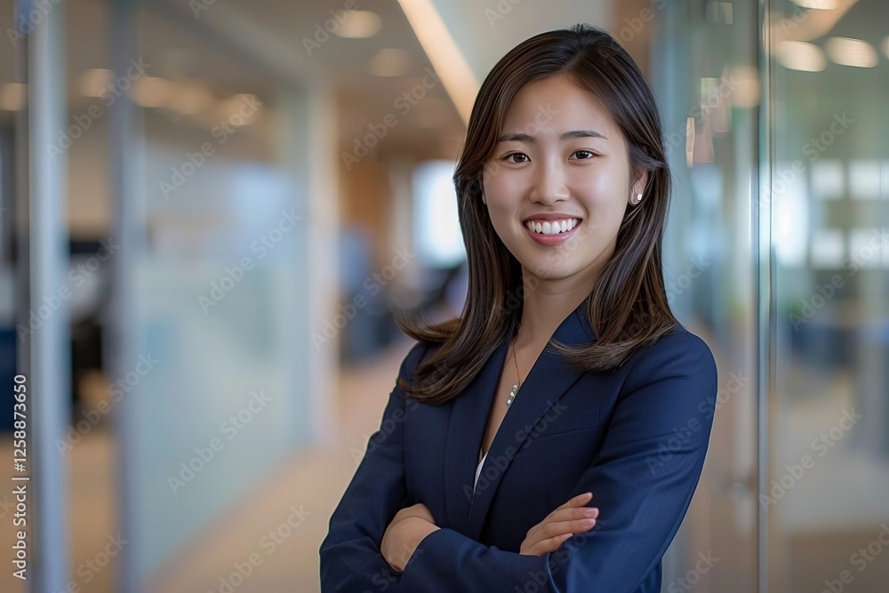 Portrait of a Confident Young Asian Businesswoman in a Stylish Professional Suit in Her Office