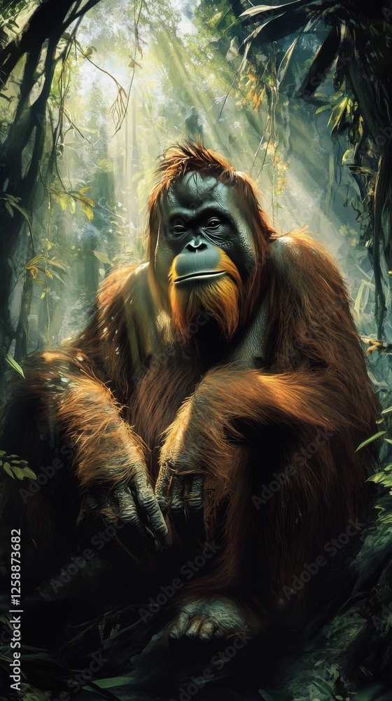 Obraz premium Wild orangutan resting in sunlit jungle during World Wildlife Day celebration