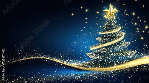 Sparkling Gold Christmas Tree Festive Blue Background Design