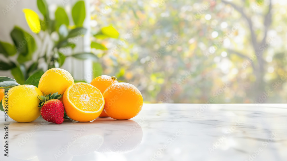 Naklejka premium Fresh citrus and strawberry arrangement on a marble countertop in sunlit kitchen