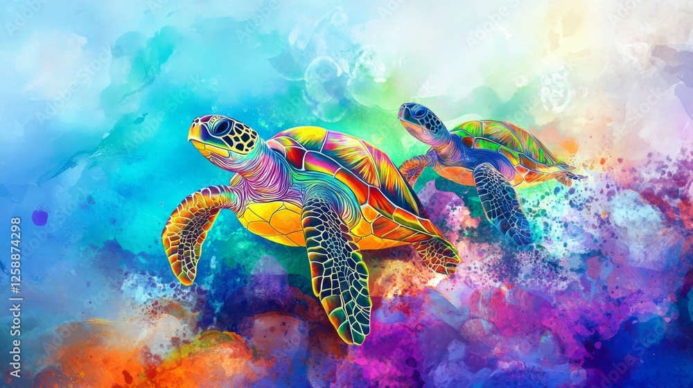 Obraz premium Colorful sea turtles swimming in vibrant underwater scene for World Wildlife Day celebration