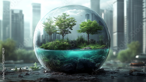 Within a smooth, transparent sphere lies a green Earth, mirrored by city skyscrapers, a surreal blend of nature and urban fantasy
