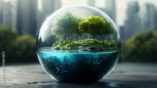 Within a smooth, transparent sphere lies a green Earth, mirrored by city skyscrapers, a surreal blend of nature and urban fantasy