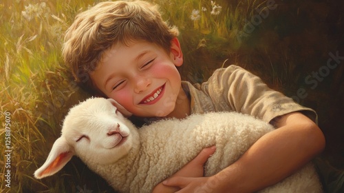 a boy with dark hair lies in a meadow and tenderly hugs a little sheep