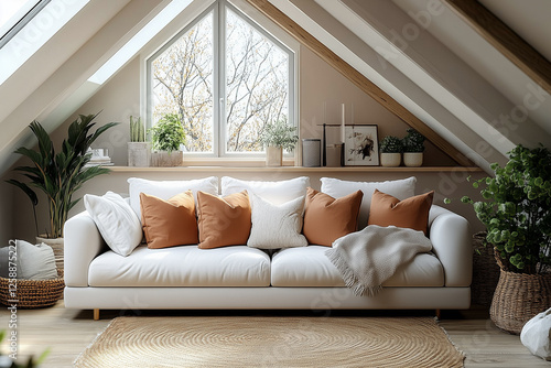 White sofa with terra cotta pillows. Scandinavian home interior design of modern living room in attic. photo