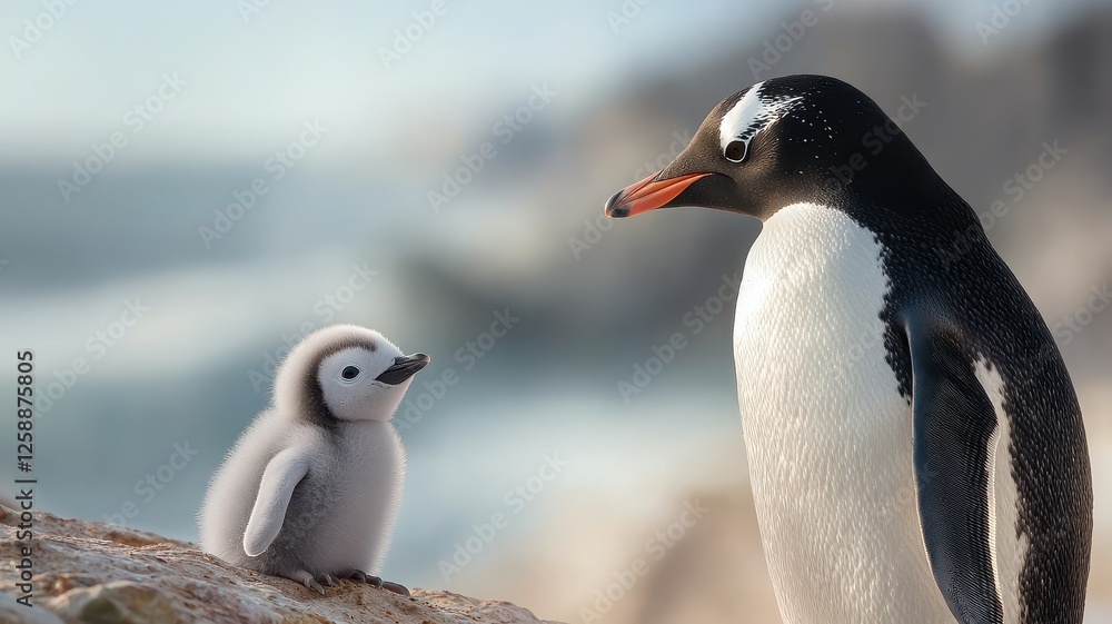 Fototapeta premium A penguin chick interacts with an adult penguin against a natural backdrop.