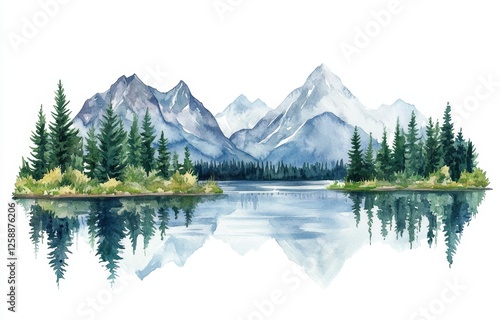 Fototapeta Naklejka Na Ścianę i Meble -  Watercolor mountain lake reflection landscape design