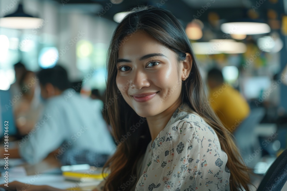 Professional woman working at her desk on a computer with a smile. Portrait of a cheerful employee with a focus on corporate vision, mission, and strategy Professional woman working at her desk on a computer with a smile. Portrait of a cheerful employee with a focus on corporate vision, mission, and strategy