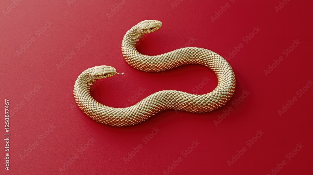 Fototapeta premium Golden Snake Double Loop Red Background Minimalist Design