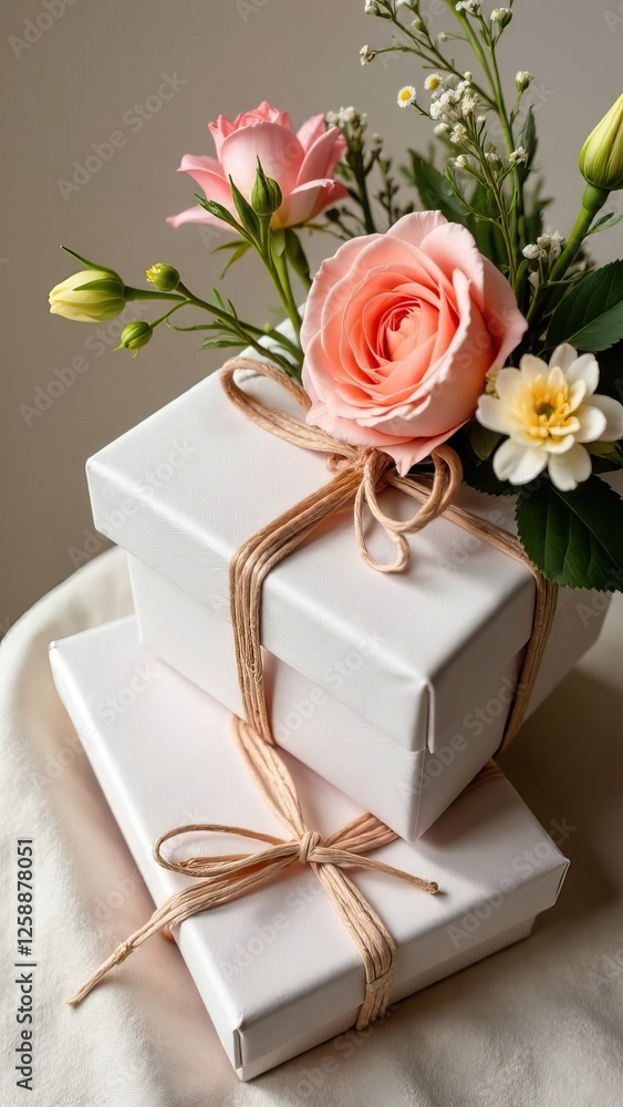 elegant white gift box with pink rose, symbol of love and appreciation, thoughtful gesture concept for special moments elegant white gift box with pink rose, symbol of love and appreciation, thoughtful gesture concept for special moments