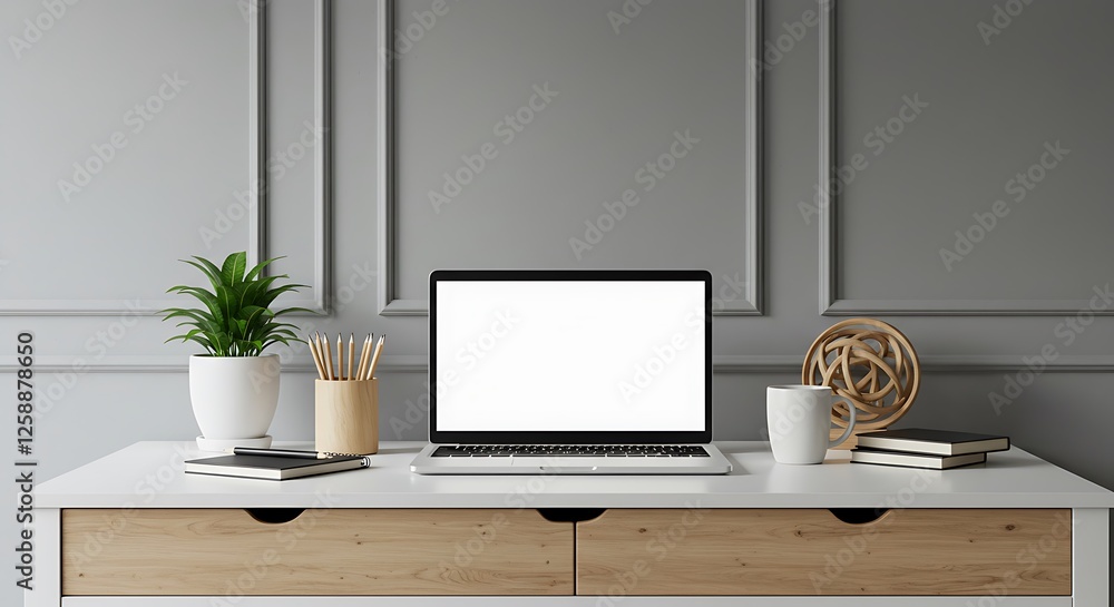 Fototapeta premium Comfortable workplace with laptop, houseplant and stationery on table. Drawers in mocha mousse shade. Trendy color of 2025 year in interior design