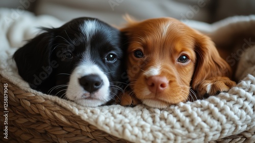 Two puppies snuggling together in a cozy blanket during a peaceful afternoon
