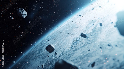 Fototapeta Naklejka Na Ścianę i Meble -  Advanced robotics capturing space debris aerial view of cosmic technology impact