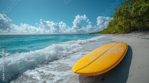 Surfboard on sandy beach with turquoise water under a bright sky in a tropica...