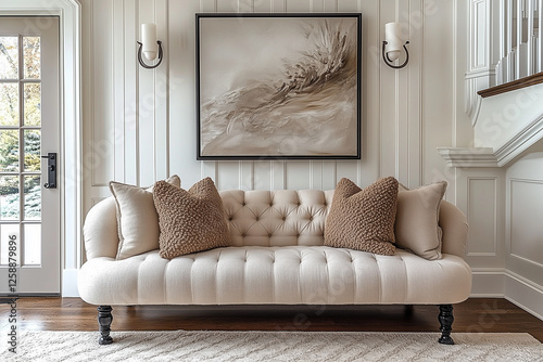 Farmhouse, classic, french country interior design of modern home hall, entryway with door. Cozy beige sofa with textured pillows, set against paneling walls with modern decor and wall art.