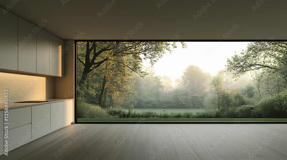 Fototapeta premium Modern kitchen, autumn forest view, sunrise, peaceful morning