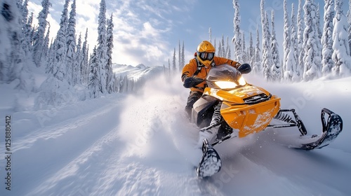 Snowmobile rider navigating through a snowy forest in winter with pine trees ...