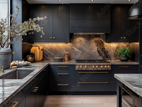 Elegant Modern Kitchen with Dark Cabinetry, Gold Hardware, and Marble Backsplash Enhanced by Subtle Lighting and Natural Elements