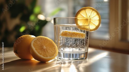 Refreshing drink served in a glass with lemon slices during bright morning li...
