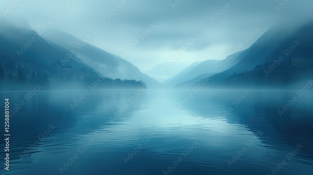 Serene misty lake nestled between mountains, reflecting tranquil sky. Serene misty lake nestled between mountains, reflecting tranquil sky.