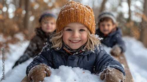 Children enjoying a winter day while sledding and playing in snow-covered forest