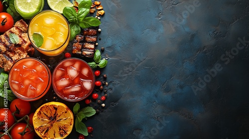 Refreshing summer drinks and grilled vegetables displayed on a dark background